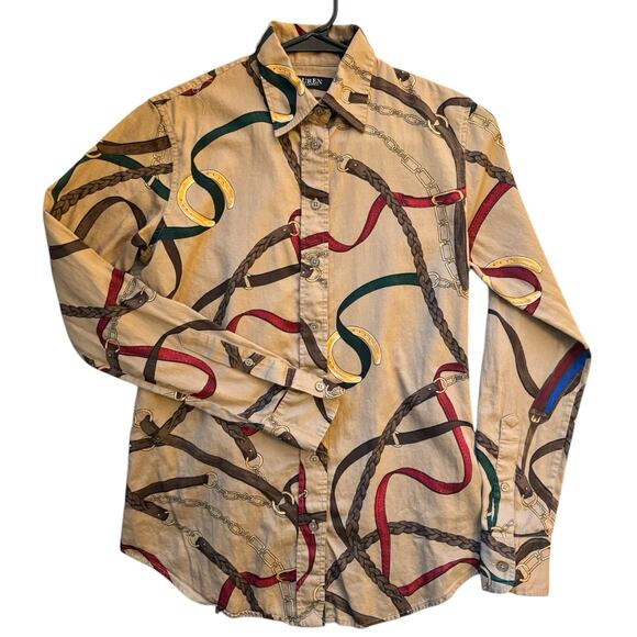 Lauren Ralph Lauren Black Label XS Belting Print Cotton Shirt Equestrian Blouse - Picture 2 of 10